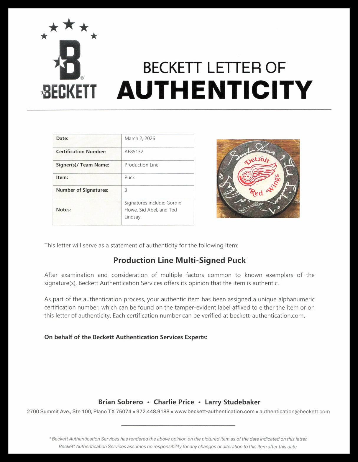 Gordie Howe, Sid Abel, & Ted Lindsay Autographed Official Detroit Red Wings Logo Hockey Puck Production Line Beckett BAS #AE85132