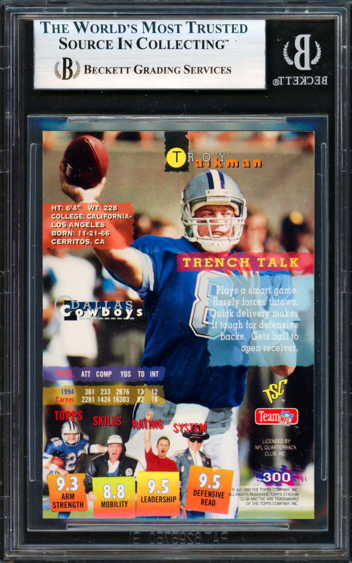Troy Aikman Autographed 1995 Stadium Club Card #300 Dallas Cowboys Beckett BAS #19955871