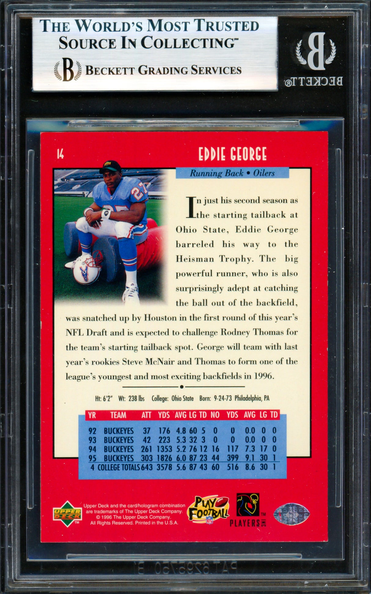 Eddie George Autographed 1996 Upper Deck Rookie Card #14 Houston Oilers Beckett BAS #19958091