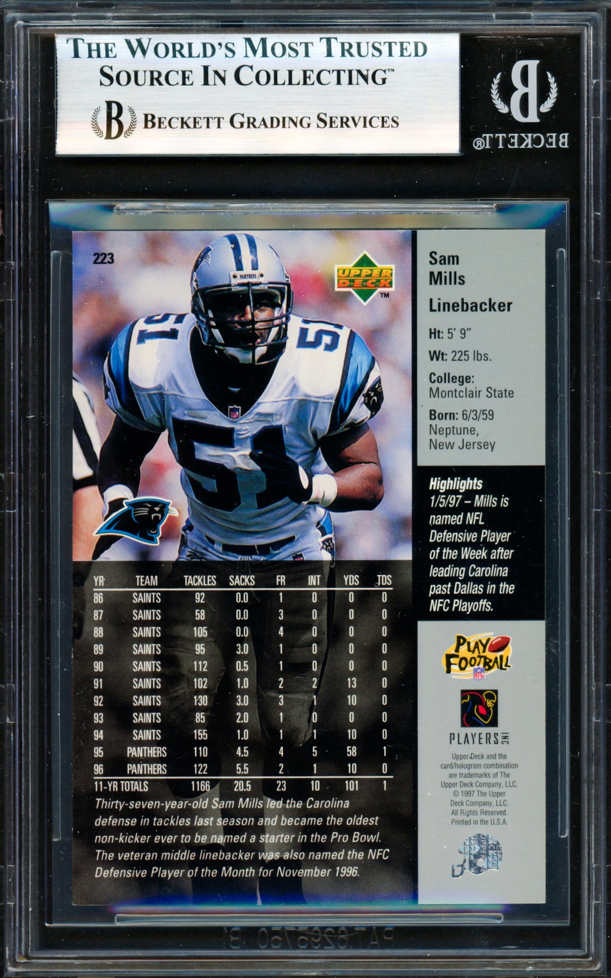 Sam Mills Autographed 1997 Upper Deck Card #223 Carolina Panthers Beckett BAS #19958509