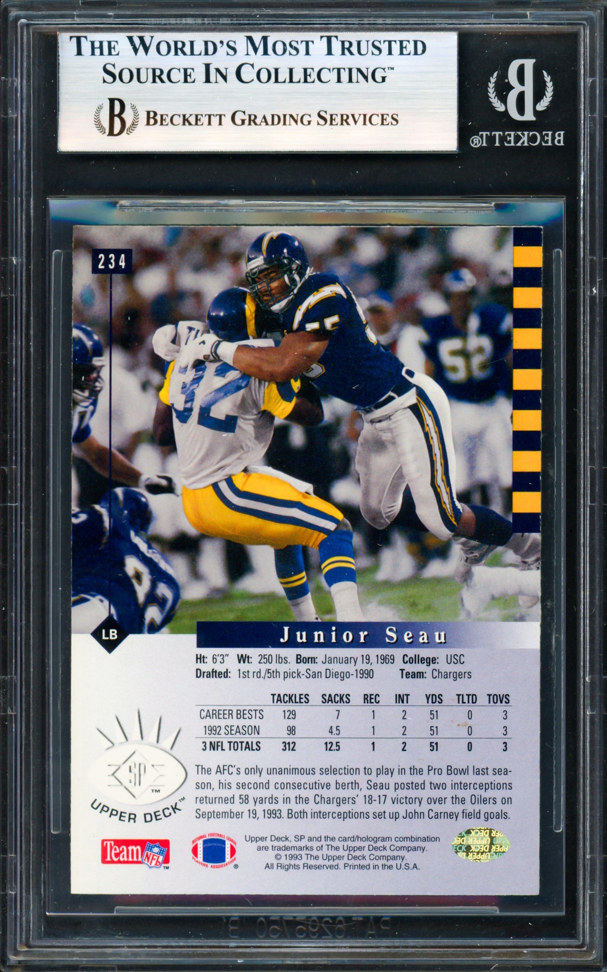 Junior Seau Autographed 1993 Upper Deck SP Card #234 San Diego Chargers Beckett BAS #19958573