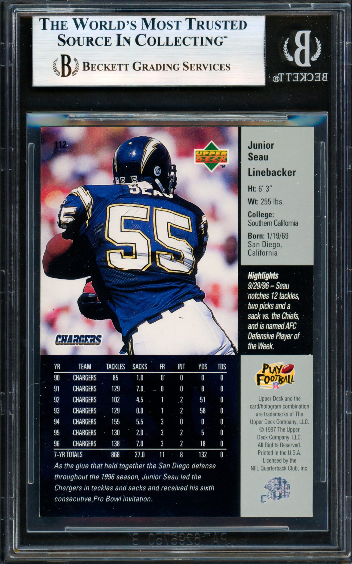 Junior Seau Autographed 1997 Upper Deck Card #112 San Diego Chargers Beckett BAS #19958582