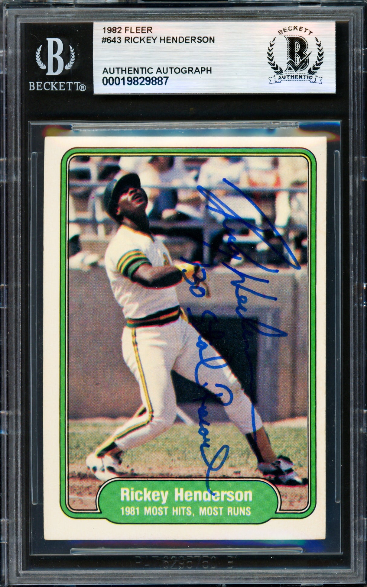 Rickey Henderson Autographed 1982 Fleer Card #643 Oakland A's "130 Steal Record" Beckett BAS #19829887