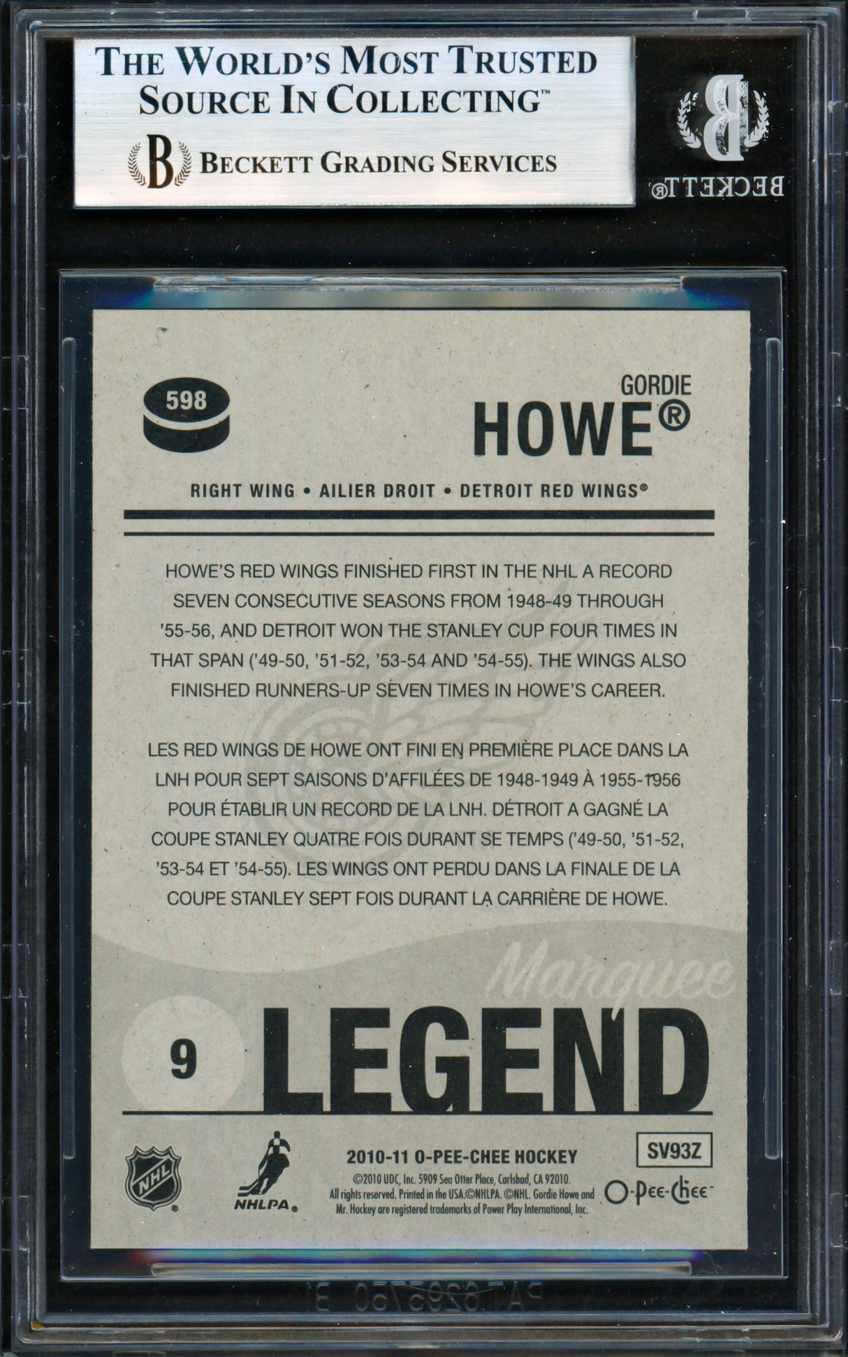 Gordie Howe Autographed 2010-11 O Pee Chee Marquee Card #598 Detroit Red Wings "HOF 72" Beckett BAS #19829902