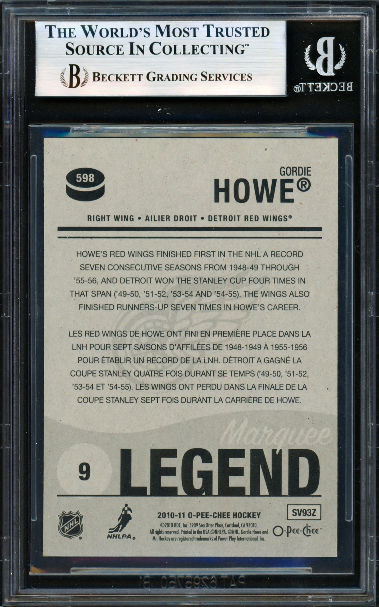 Gordie Howe Autographed 2010-11 O Pee Chee Marquee Card #598 Detroit Red Wings Beckett BAS #19829903