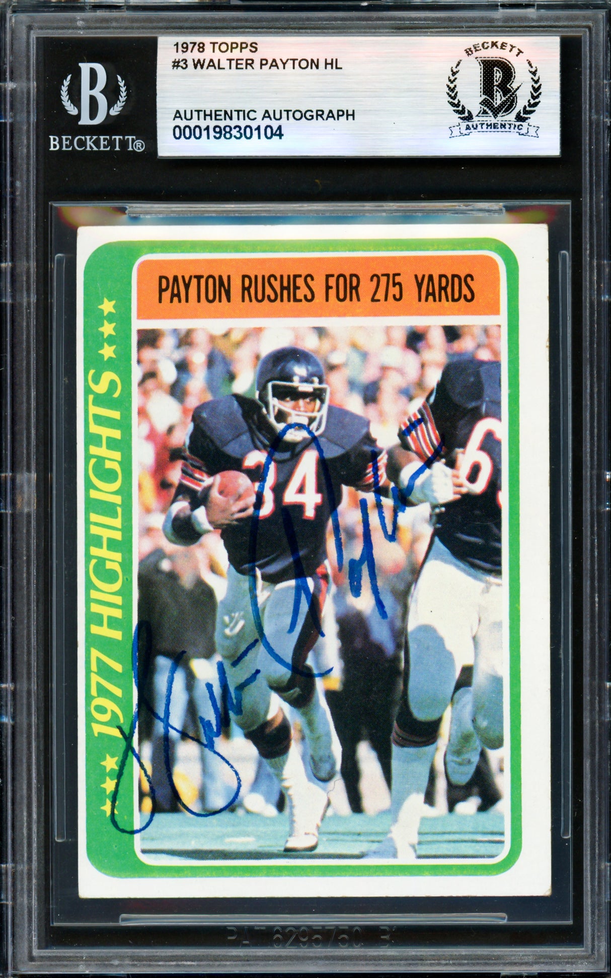 Walter Payton Autographed 1978 Topps Card #3 Chicago Bears Beckett BAS #19830104