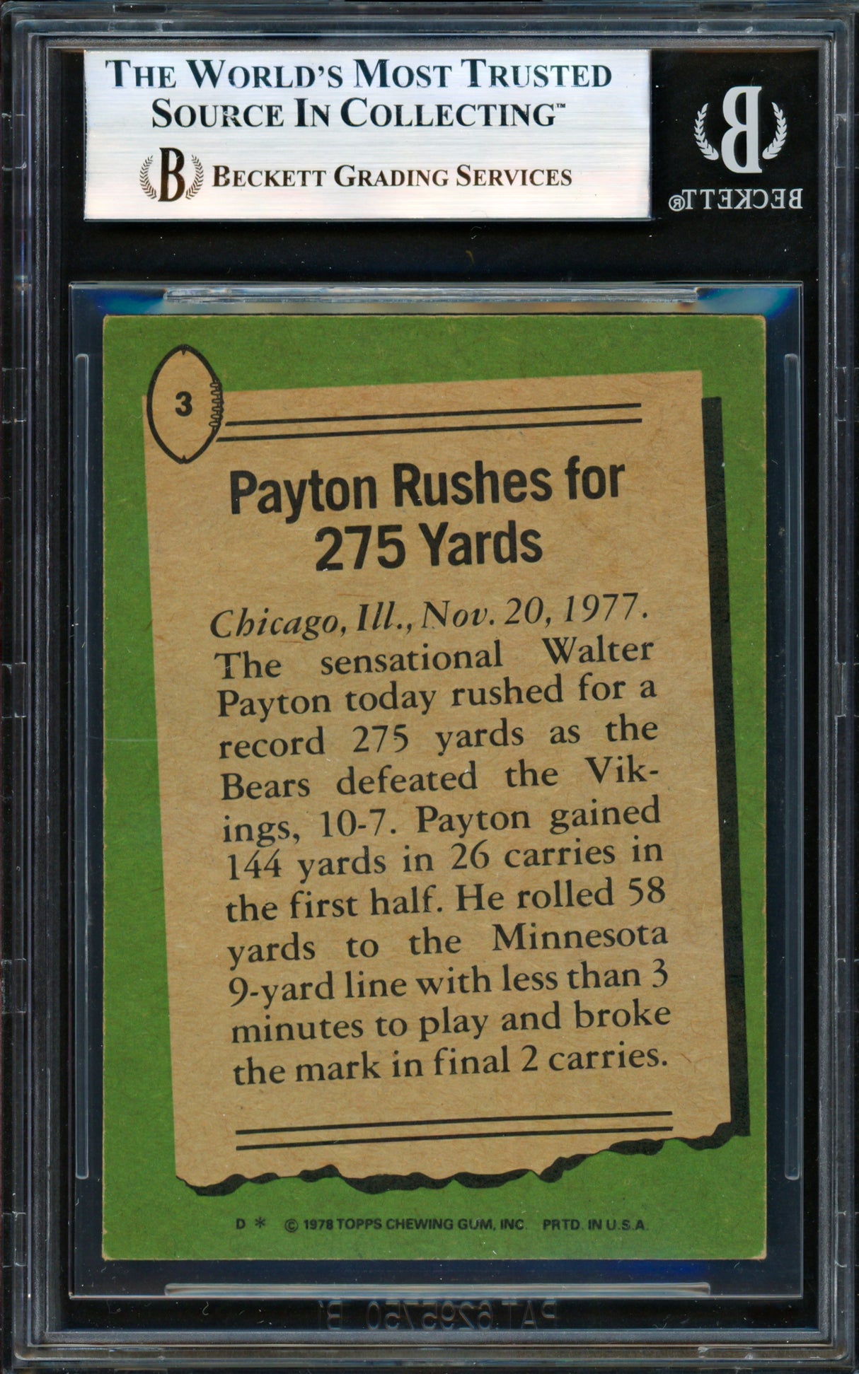 Walter Payton Autographed 1978 Topps Card #3 Chicago Bears Beckett BAS #19830104