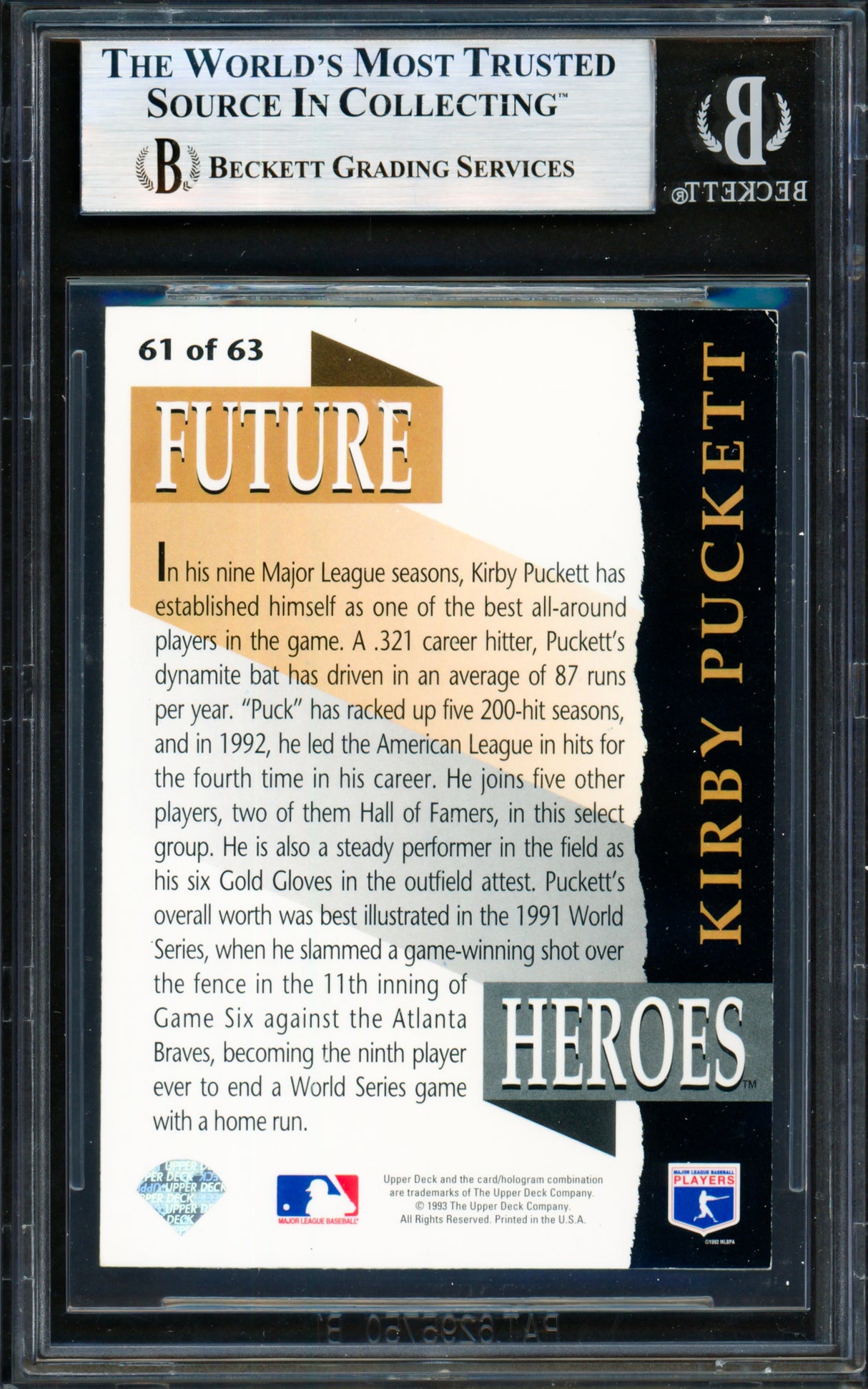 Kirby Puckett Autographed 1993 Upper Deck Future Heroes Card #61 Minnesota Twins Beckett BAS #19830455