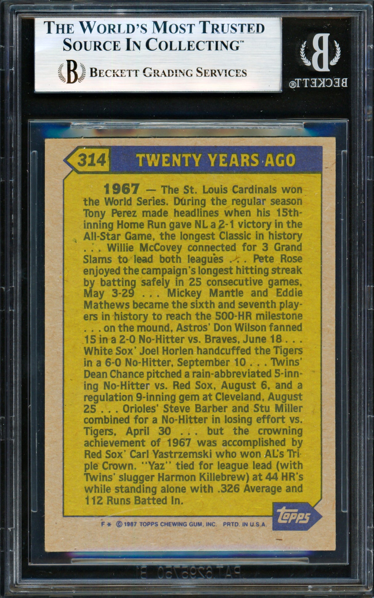 Carl Yastrzemski Autographed 1987 Topps Card #314 Boston Red Sox Beckett BAS #19831472