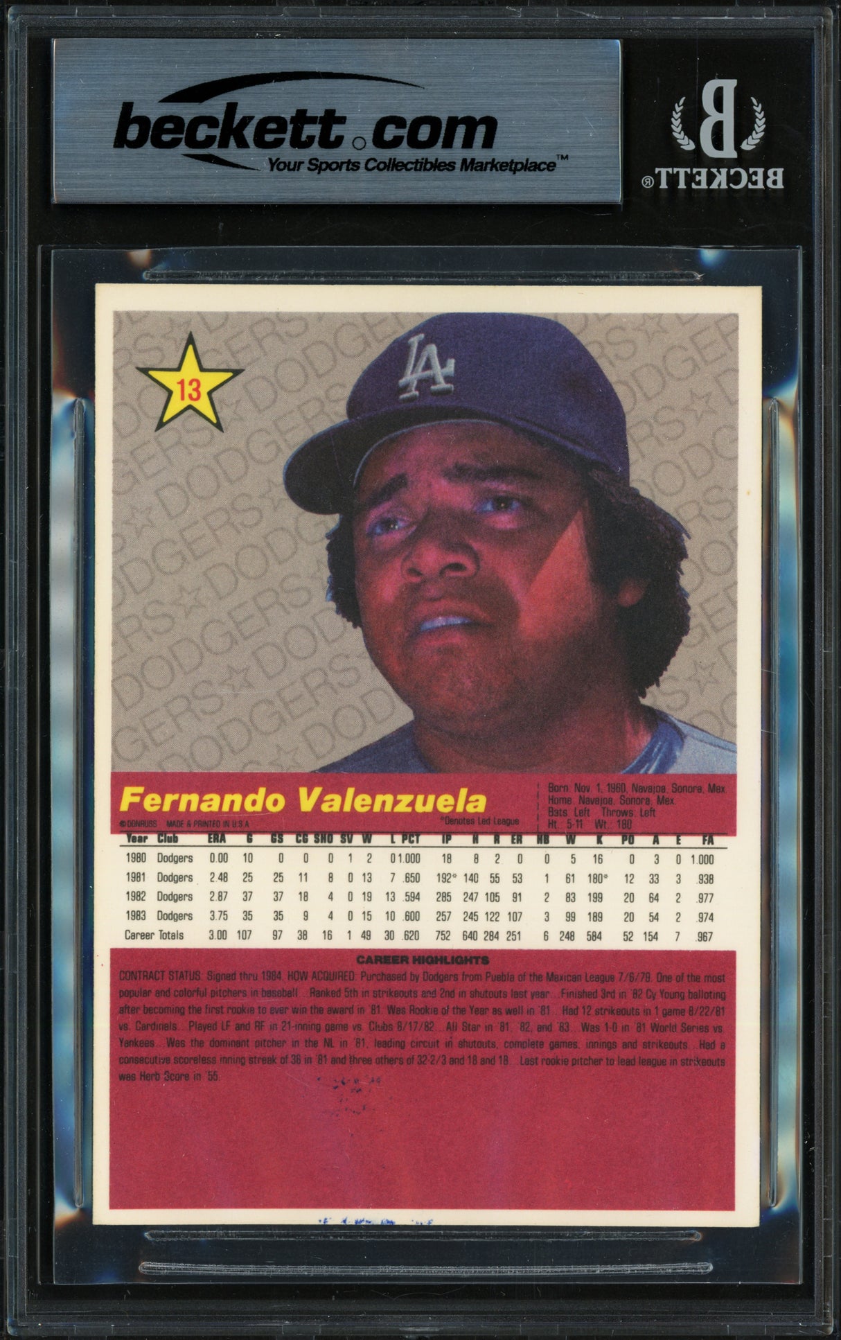 Fernando Valenzuela Autographed 1984 Donruss Action All Stars Card #13 Los Angeles Dodgers Beckett BAS #19831547