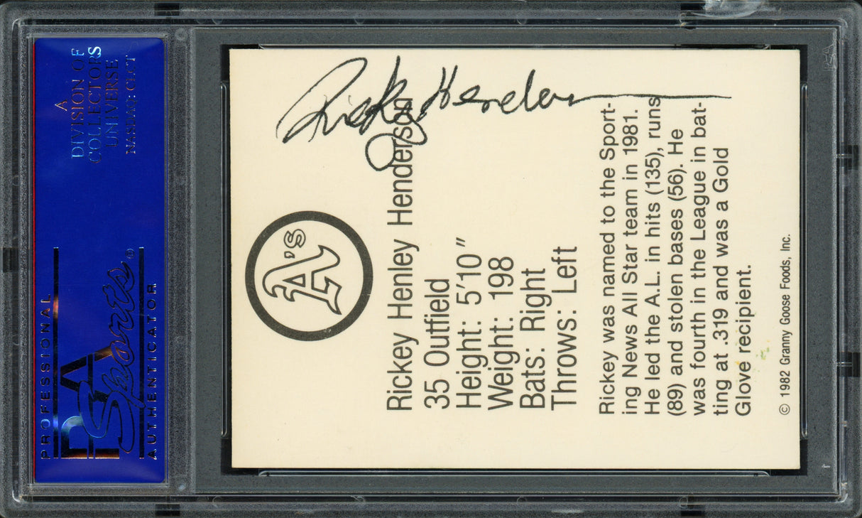 Rickey Henderson Autographed 1982 Granny Goose Card #35 Oakland A's (Signed on Back) PSA DNA #30952356