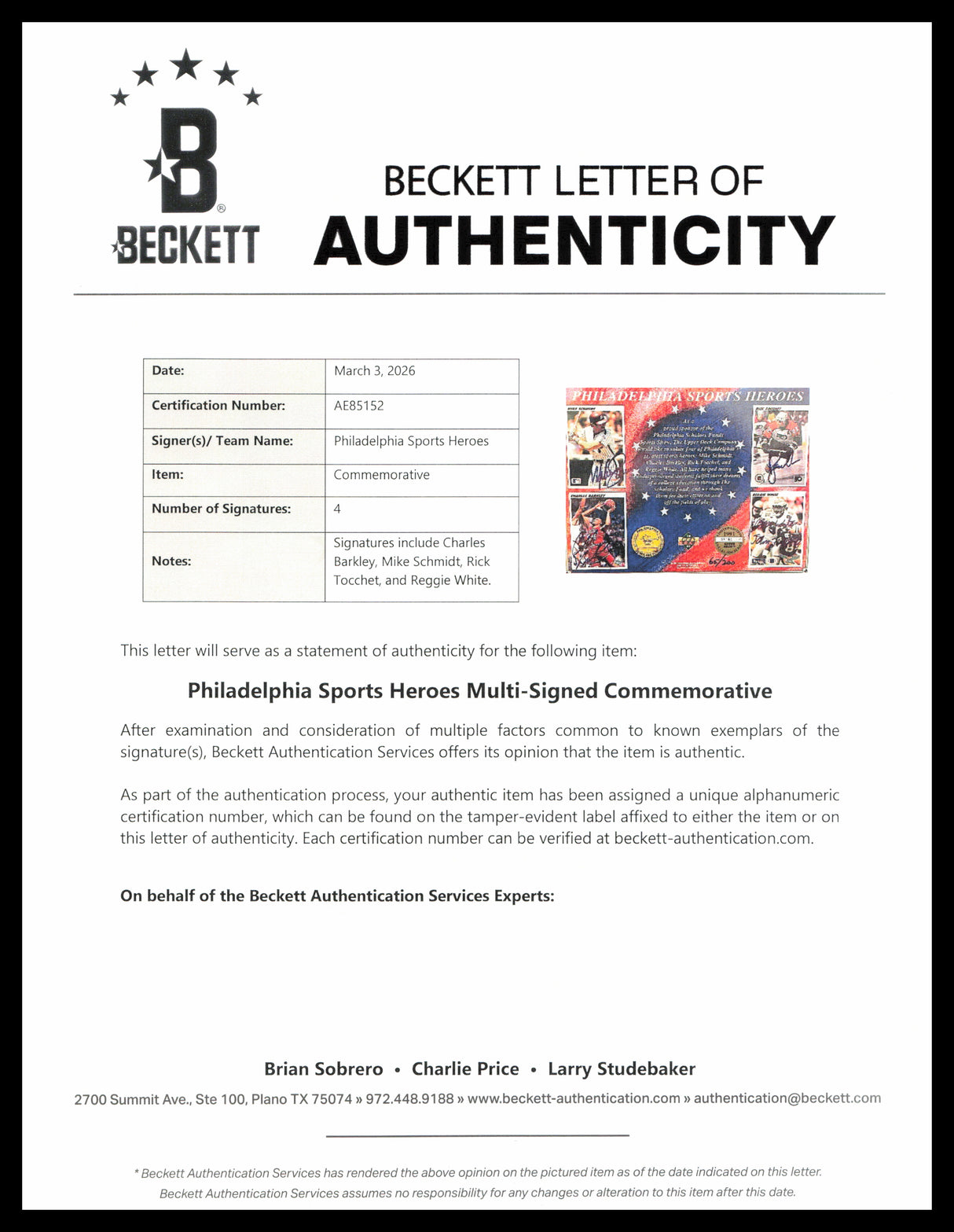 Reggie White, Charles Barkley, Mike Schmidt Autographed 1991 Upper Deck Philadelphia Sports Heroes Letter #65/200 Beckett BAS #AE85152
