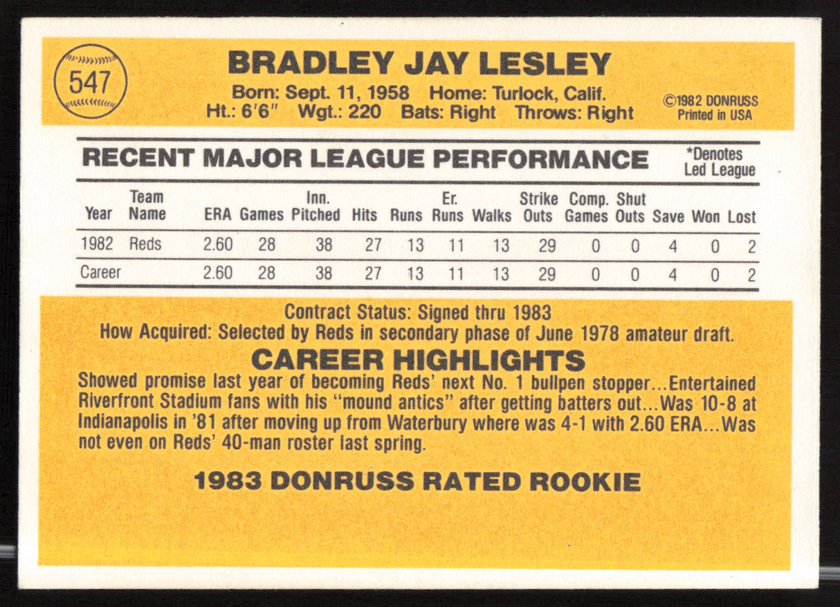 Brad Lesley Autographed 1983 Donruss Rookie Card #547 Cincinnati Reds SKU #263756