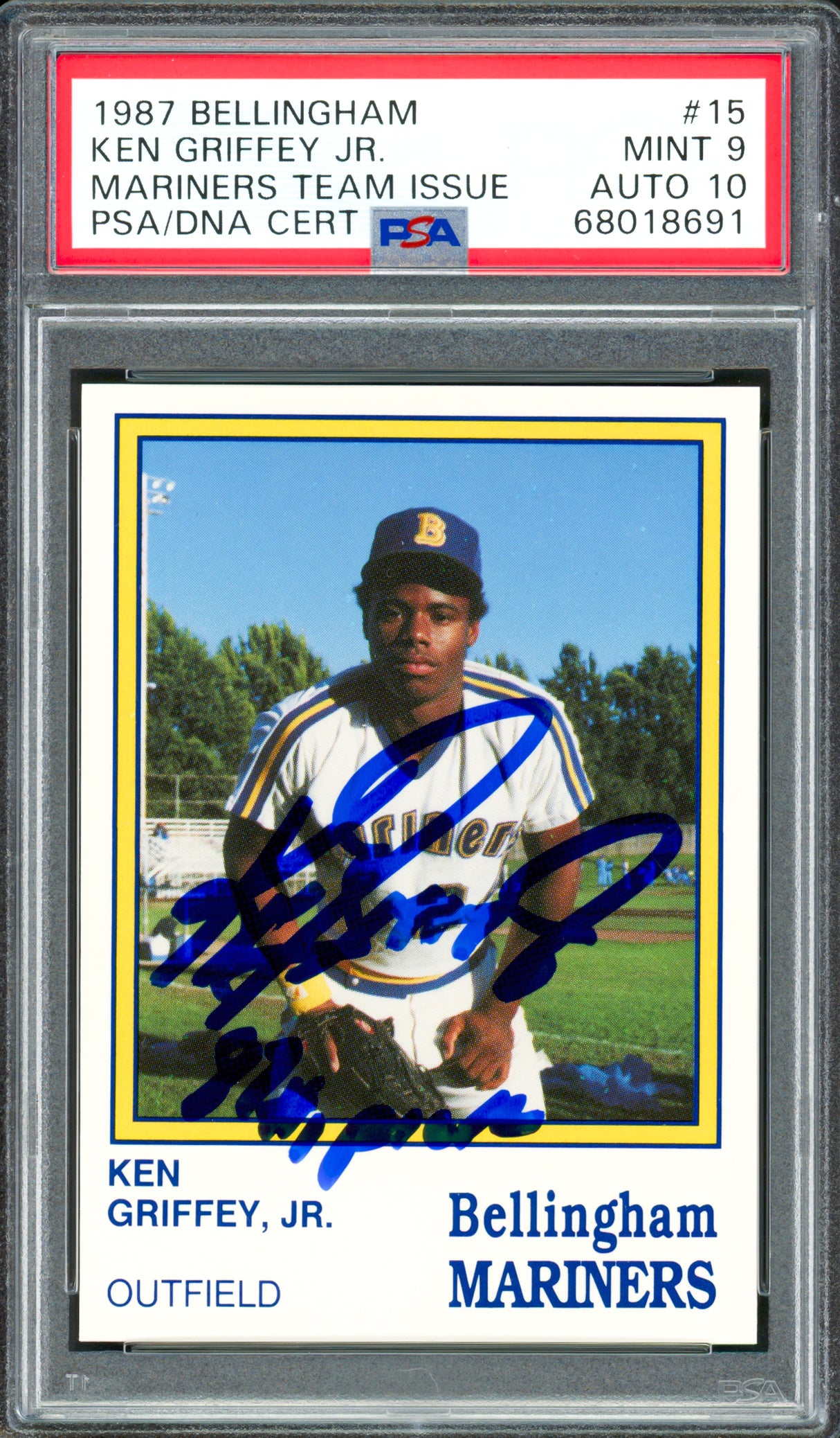 Ken Griffey Jr. Autographed 1987 Bellingham Rookie Card #15 Seattle Mariners PSA 9 Auto Grade Gem Mint 10 "87 #1 Pick" PSA/DNA #68018691