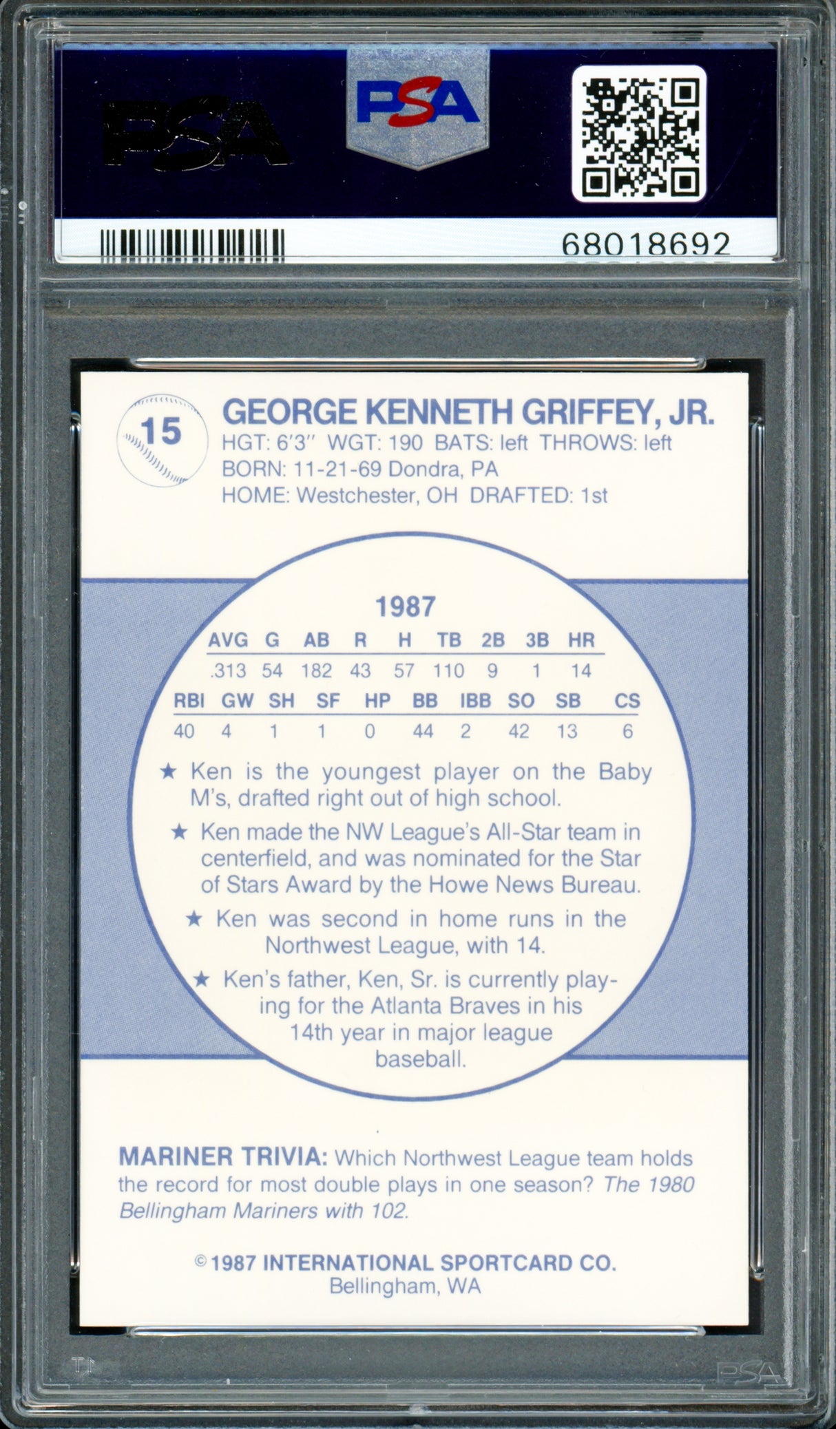 Ken Griffey Jr. Autographed 1987 Bellingham Rookie Card #15 Seattle Mariners PSA 9 Auto Grade Gem Mint 10 "87 #1 Pick" PSA/DNA #68018692