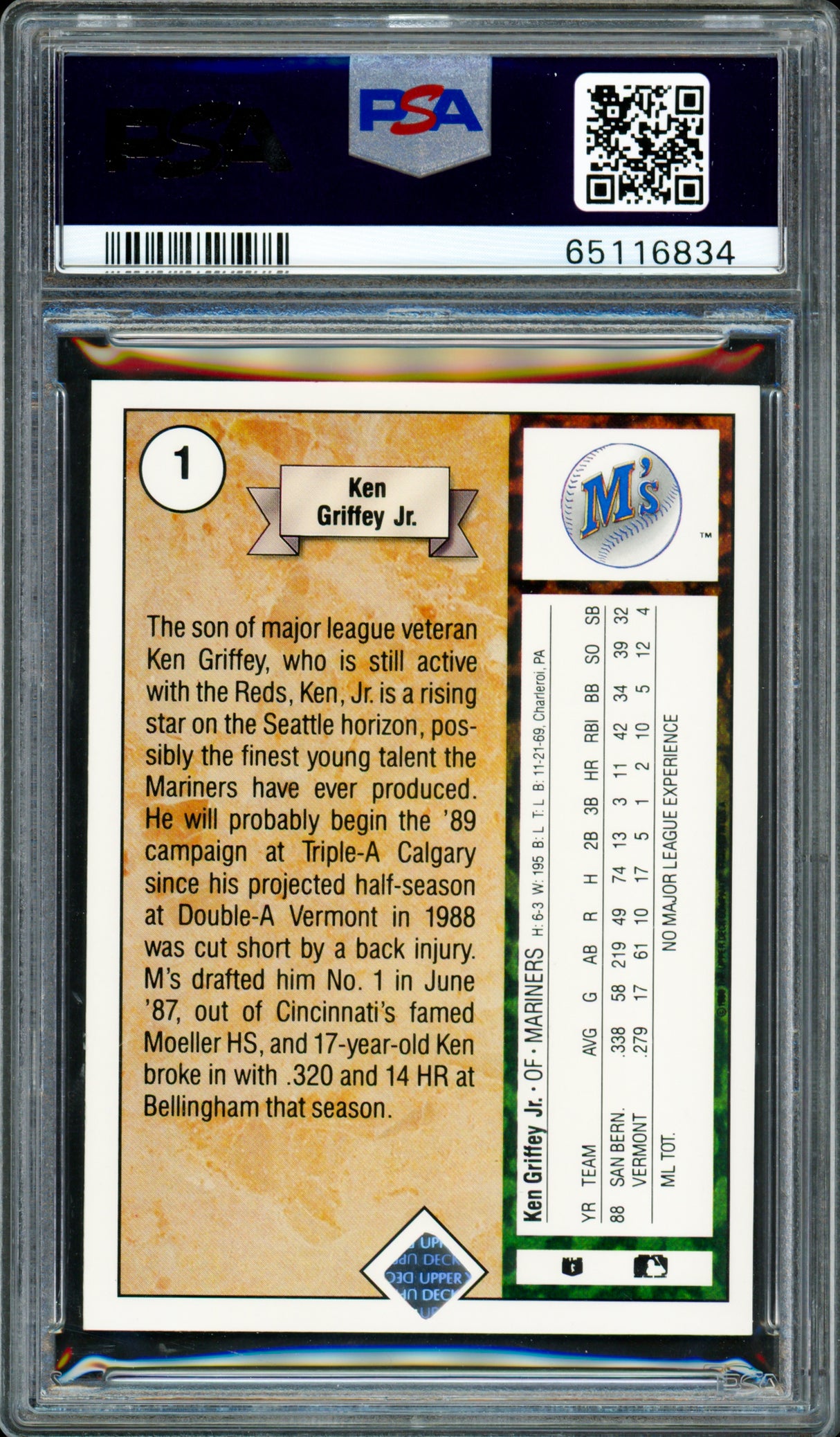 Ken Griffey Jr. Autographed 1989 Upper Deck Rookie Card #1 Seattle Mariners PSA 9 Auto Grade Mint 9 PSA/DNA #65116834