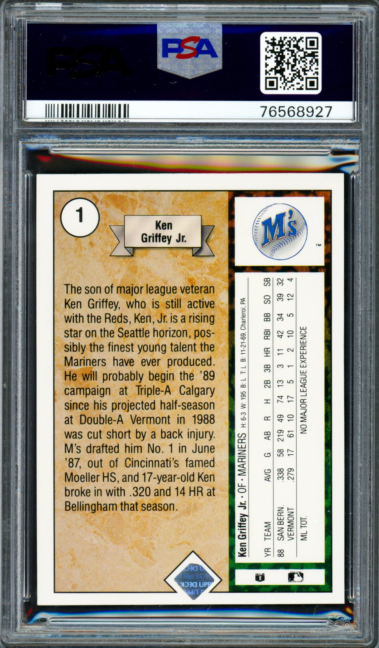 Ken Griffey Jr. Autographed 1989 Upper Deck Rookie Card #1 Seattle Mariners PSA 9 Auto Grade Mint 9 PSA/DNA #76568927
