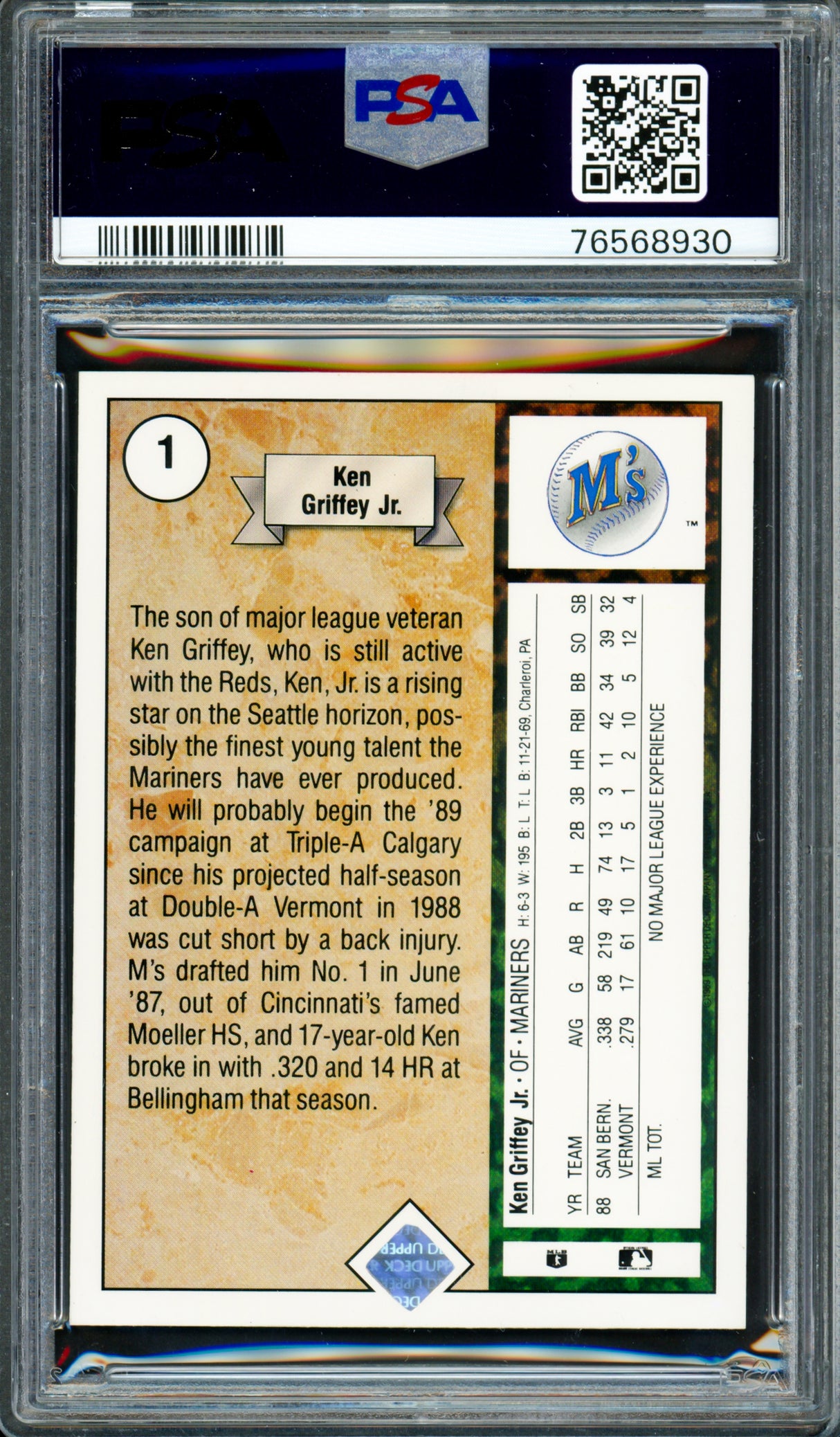 Ken Griffey Jr. Autographed 1989 Upper Deck Rookie Card #1 Seattle Mariners PSA 9 Auto Grade Mint 9 PSA/DNA #76568930