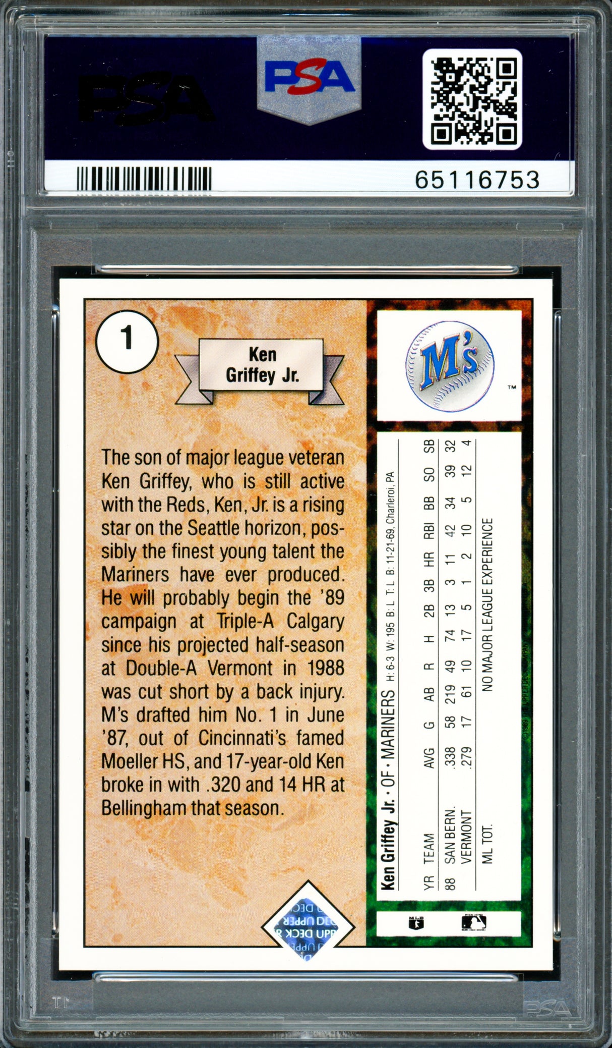 Ken Griffey Jr. Autographed 1989 Upper Deck Rookie Card #1 Seattle Mariners PSA 9 Auto Grade Gem Mint 10 PSA/DNA #65116753