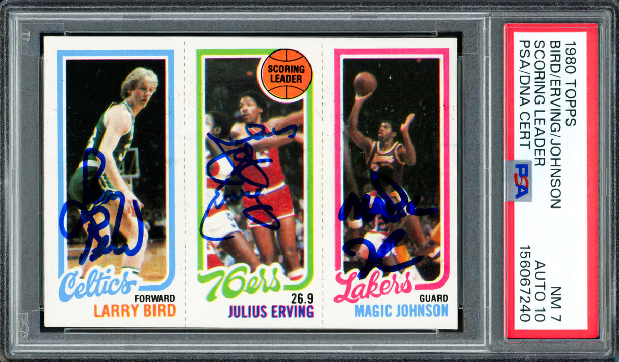 Larry Bird, Magic Johnson & Julius Erving Autographed 1980 Topps Rookie Card PSA 7 Auto Grade Gem Mint 10 PSA/DNA #156067240