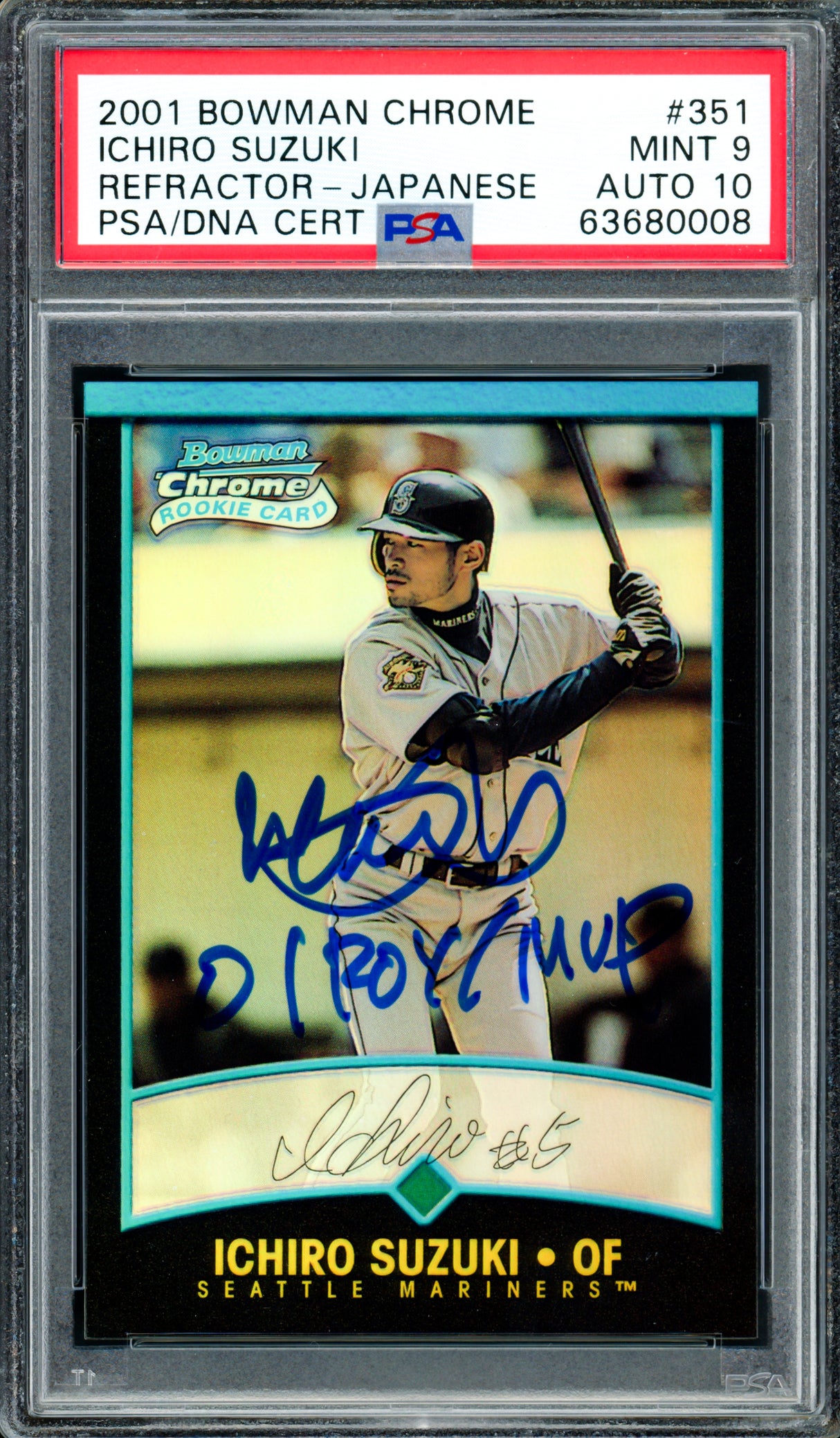 Ichiro Suzuki Autographed 2001 Bowman Chrome Refractor Japanese Rookie Card #351 Seattle Mariners PSA 9 Auto Grade Gem Mint 10 "01 ROY/MVP" PSA/DNA #63680008