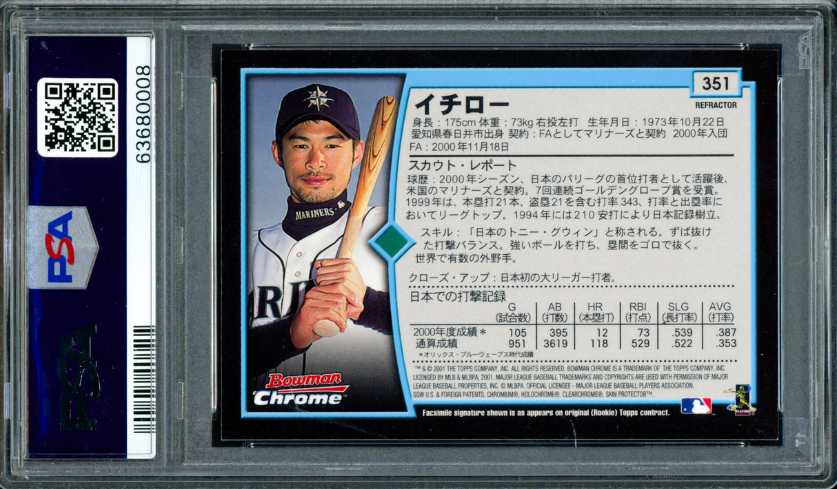 Ichiro Suzuki Autographed 2001 Bowman Chrome Refractor Japanese Rookie Card #351 Seattle Mariners PSA 9 Auto Grade Gem Mint 10 "01 ROY/MVP" PSA/DNA #63680008