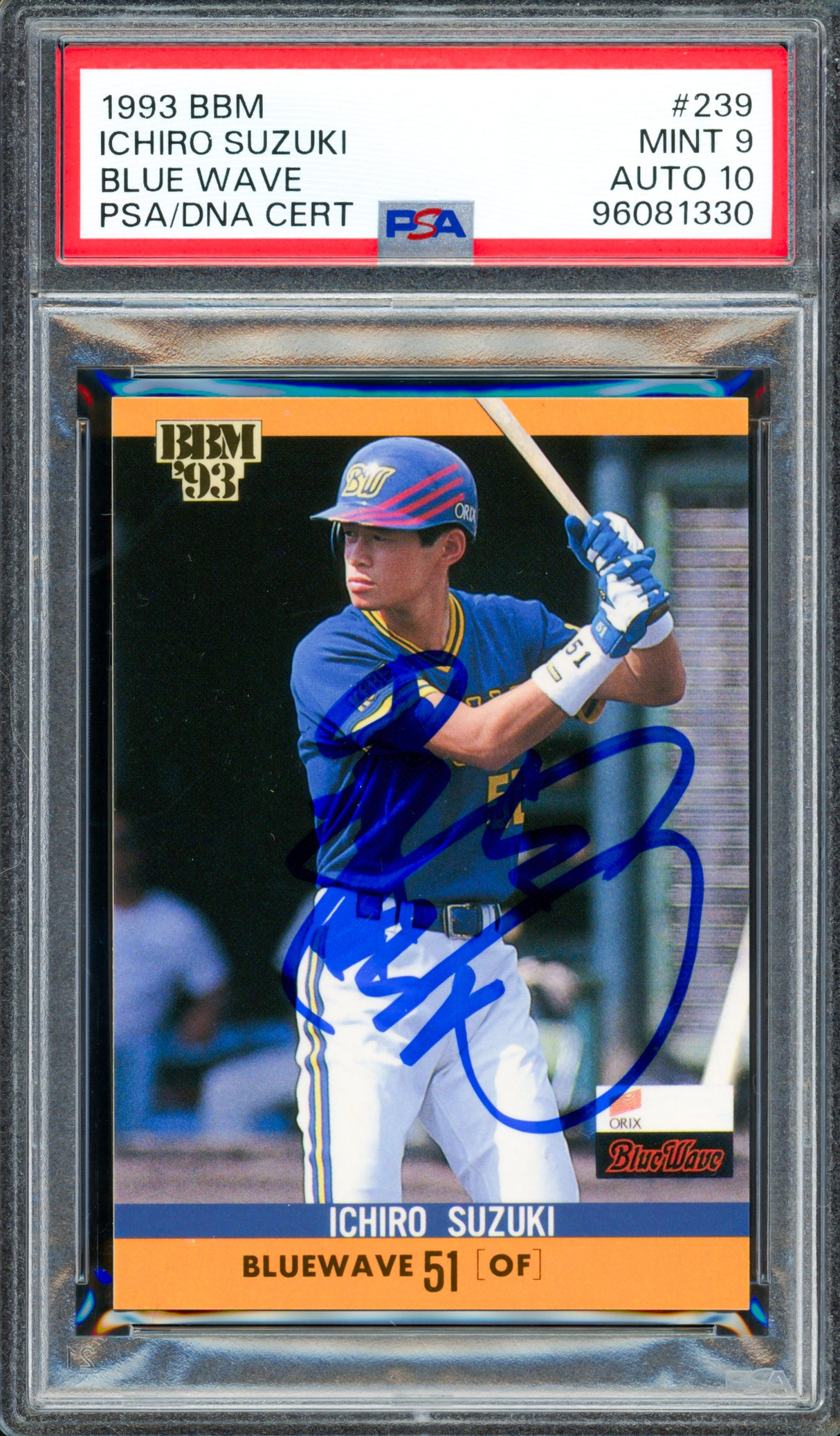 Ichiro Suzuki Autographed 1993 BBM Rookie Card #239 Orix Blue Wave PSA 9 Auto Grade Gem Mint 10 (Signed In Kanji) PSA/DNA #96081330