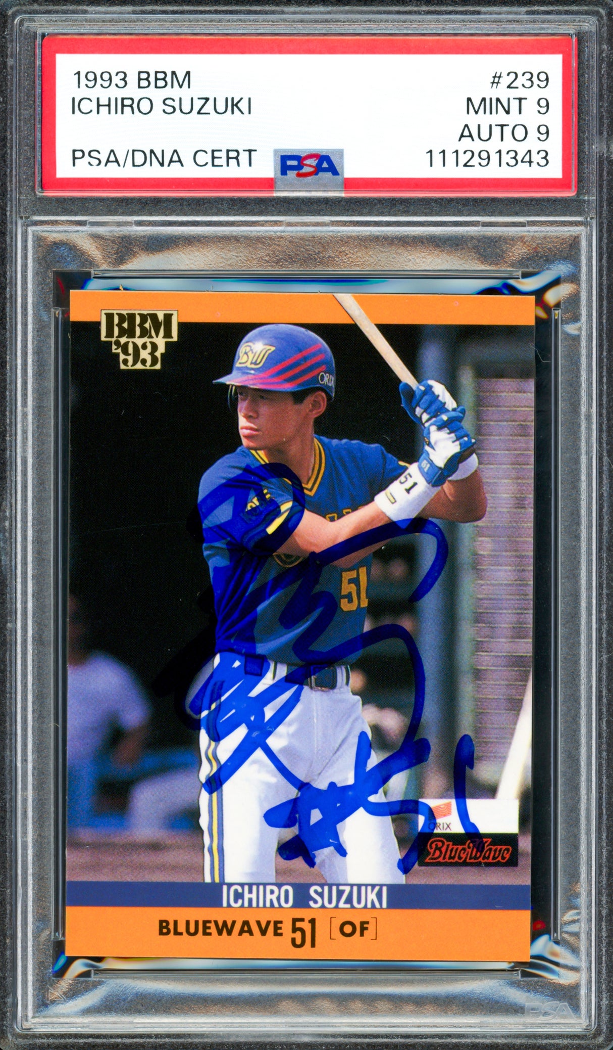 Ichiro Suzuki Autographed 1993 BBM Rookie Card #239 Orix Blue Wave PSA 9 Auto Grade Mint 9 "#51" (Signed In Kanji) PSA/DNA #111291343
