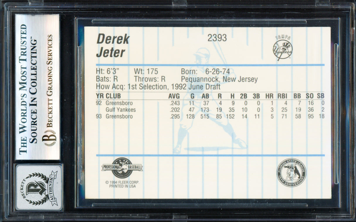 Derek Jeter Autographed 1994 Fleer ProCards Rookie Card #2393 New York Yankees Auto Grade Gem Mint 10 Beckett BAS #19246011