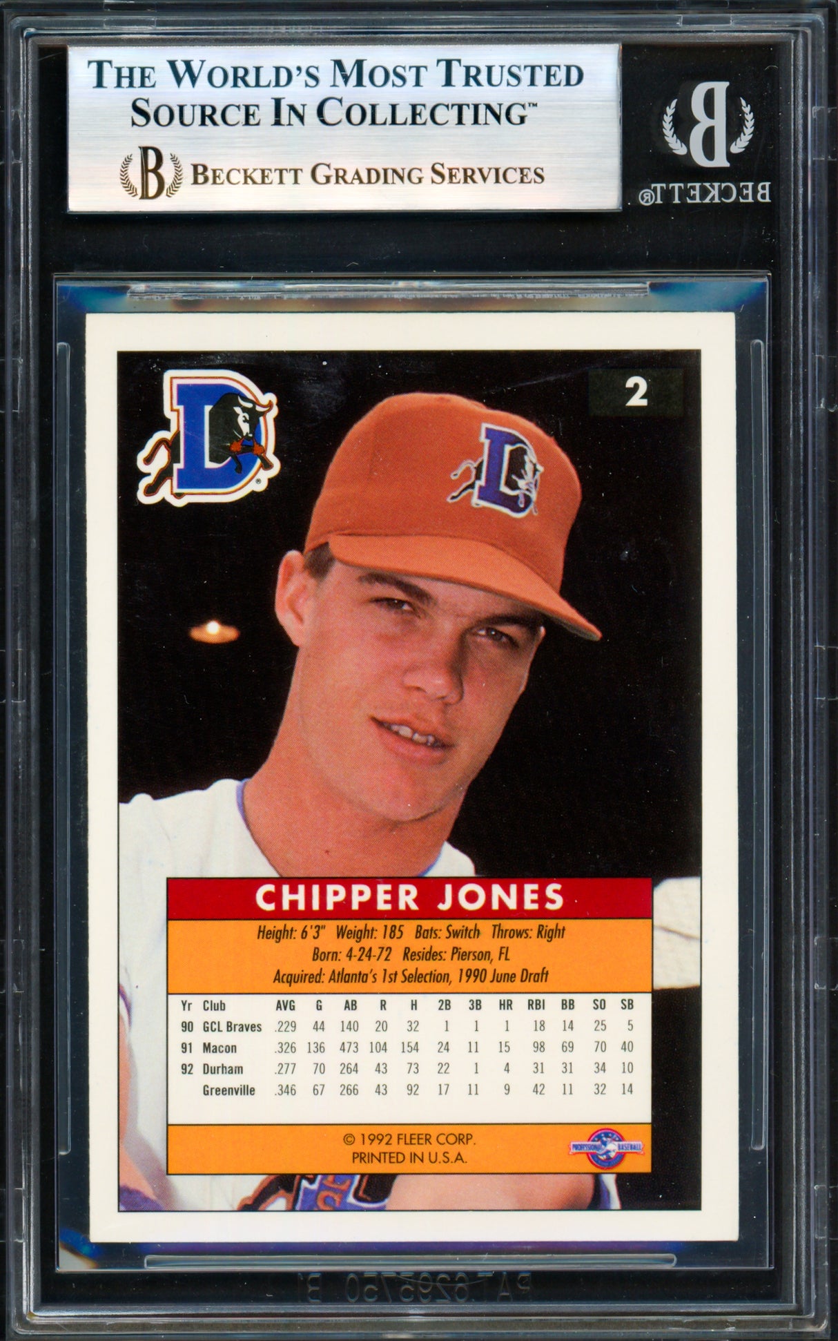 Chipper Jones Autographed 1992-93 Fleer Excel Rookie Card #2 Atlanta Braves Beckett BAS #19252979