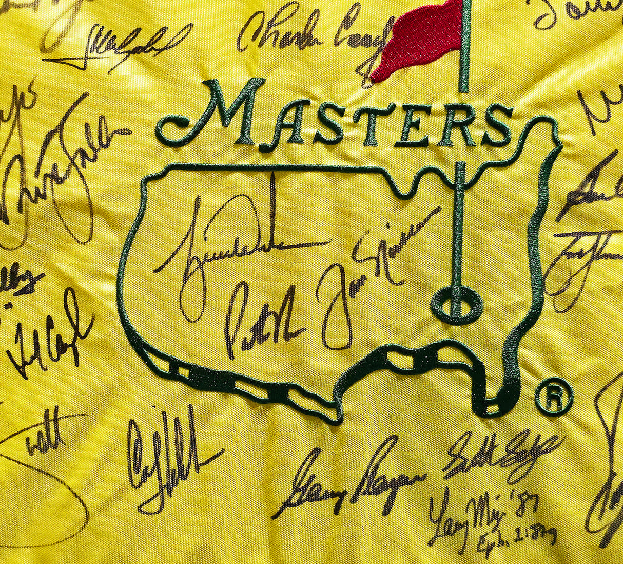 Masters Champions Autographed Framed Masters Flag With 32 Signatures Including Tiger Woods & Jack Nicklaus Beckett BAS #AC37759