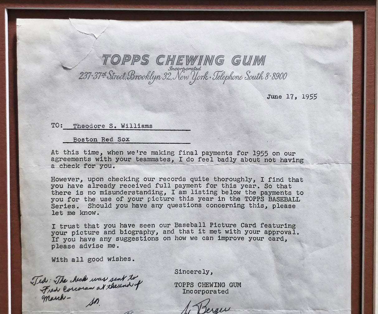 Ted Williams Autographed Framed 1955 Topps Contract Boston Red Sox With Sy Berger PSA/DNA #AO09942
