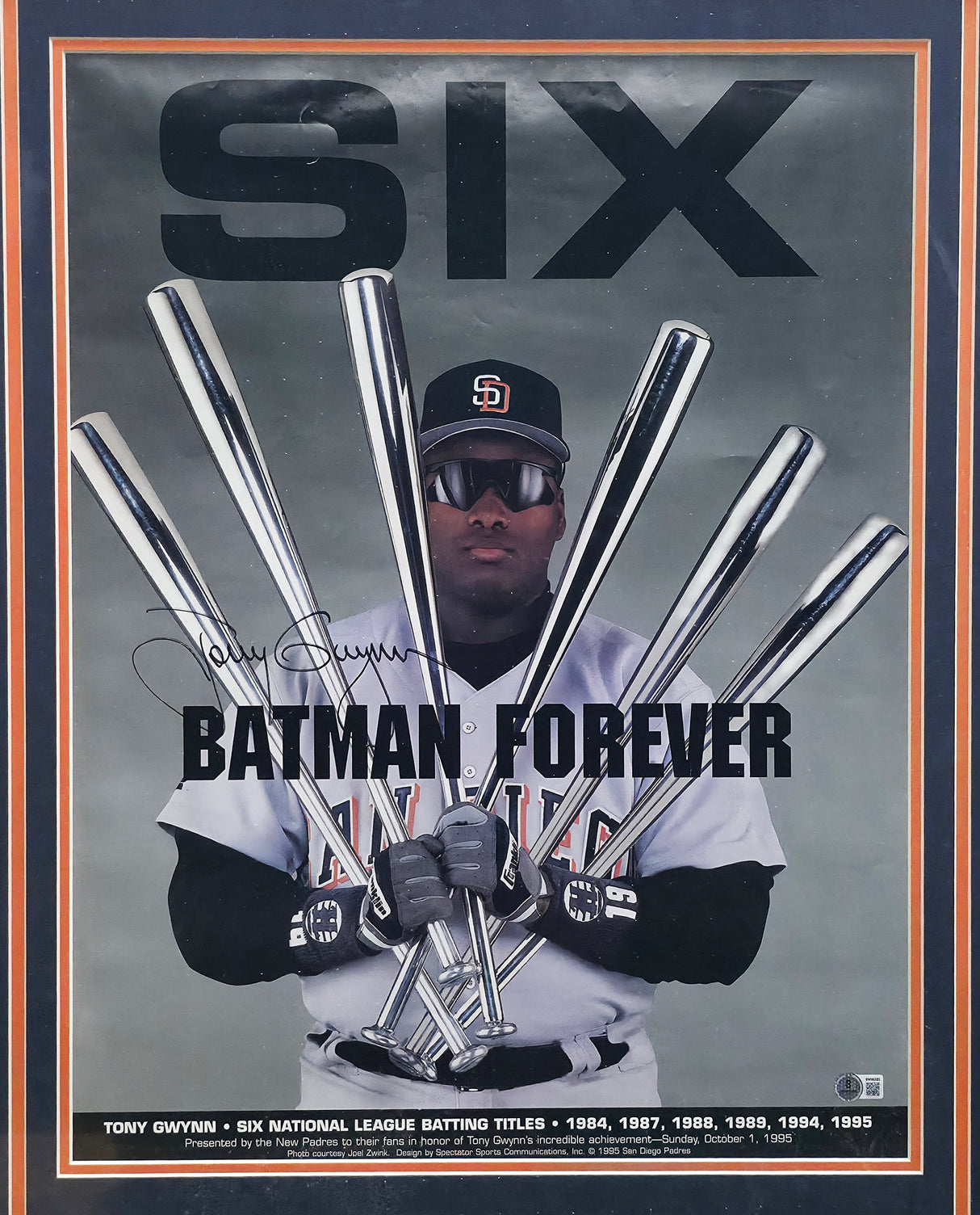 Tony Gwynn Autographed Framed 18x24 Batman Forever Poster San Diego Padres Beckett BAS QR #BW06385