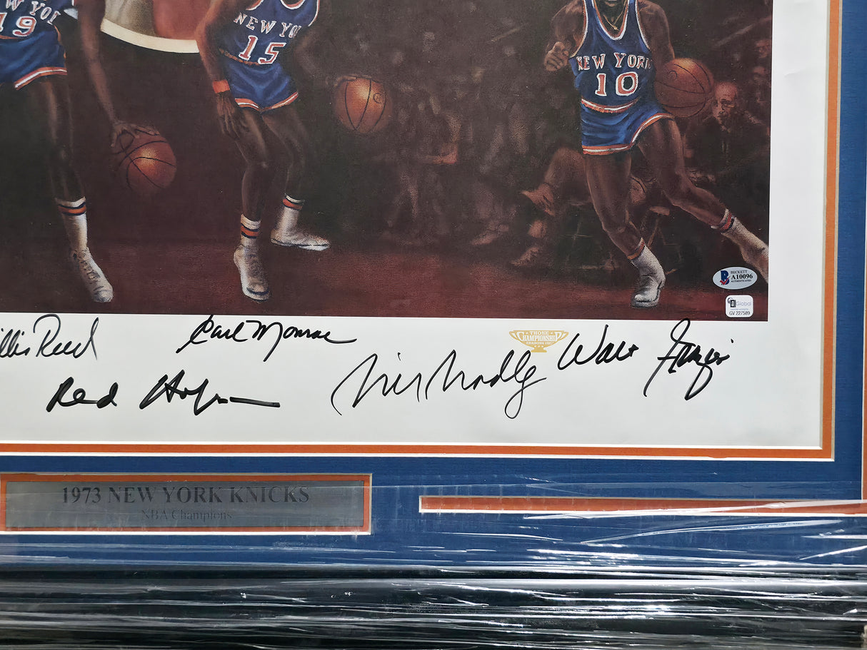1973 New York Knicks Autographed Framed 24x30 Lithograph Photo With 7 Signatures Including Jerry Lucas Beckett BAS #A10096
