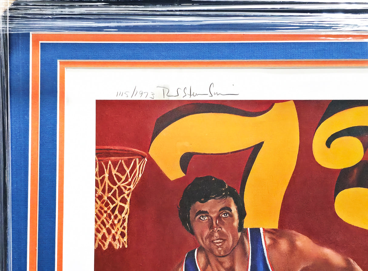 1973 New York Knicks Autographed Framed 24x30 Lithograph Photo With 7 Signatures Including Jerry Lucas Beckett BAS #A10096
