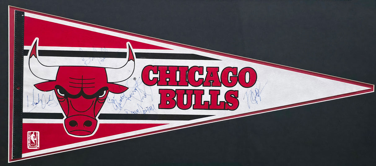 1988 Chicago Bulls Autographed Framed Pennant With 6 Signatures Including Michael Jordan (Vintage) Beckett BAS #AE36613