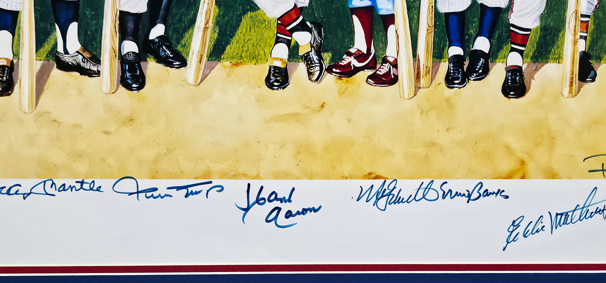 500 Home Run Club Autographed Framed 22x38 Lithograph Photo With 11 Signatures Including Mickey Mantle & Joe DiMaggio #483/1000 PSA/DNA SKU #265783