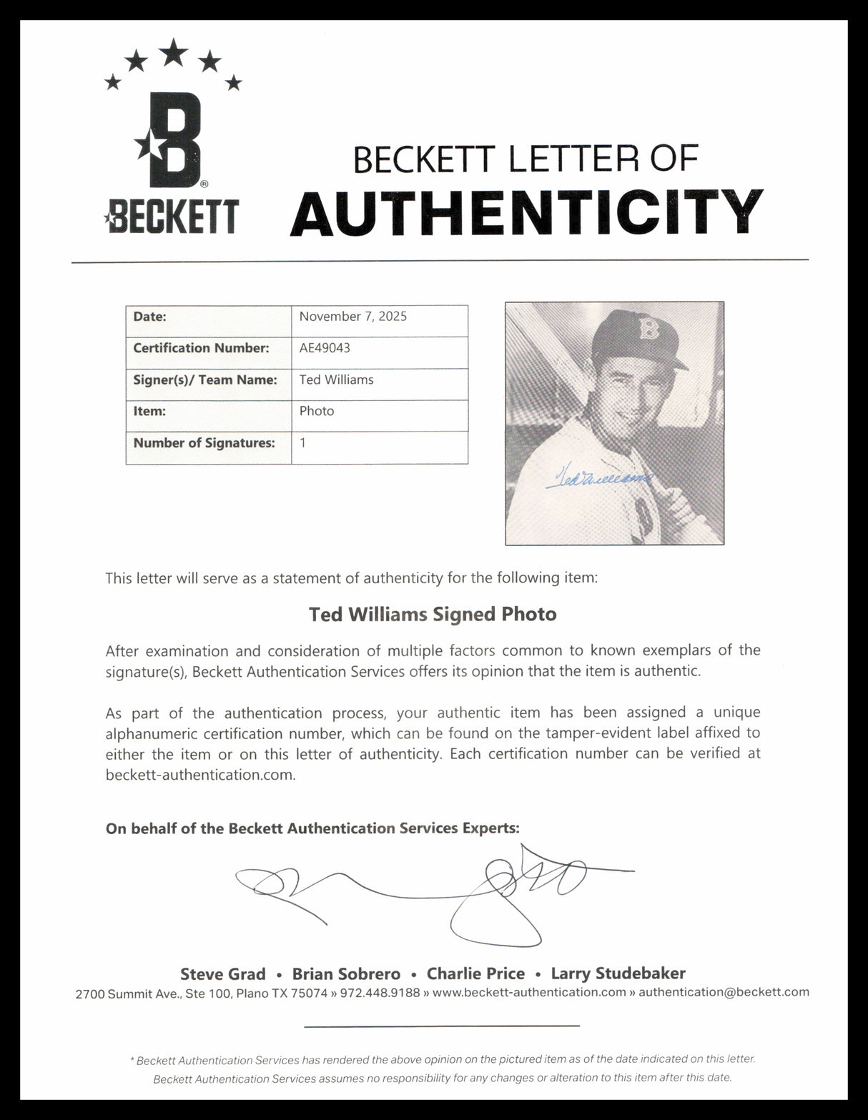 Ted Williams Autographed Framed 10x13 Magazine Photo Boston Red Sox Beckett BAS #AE49043