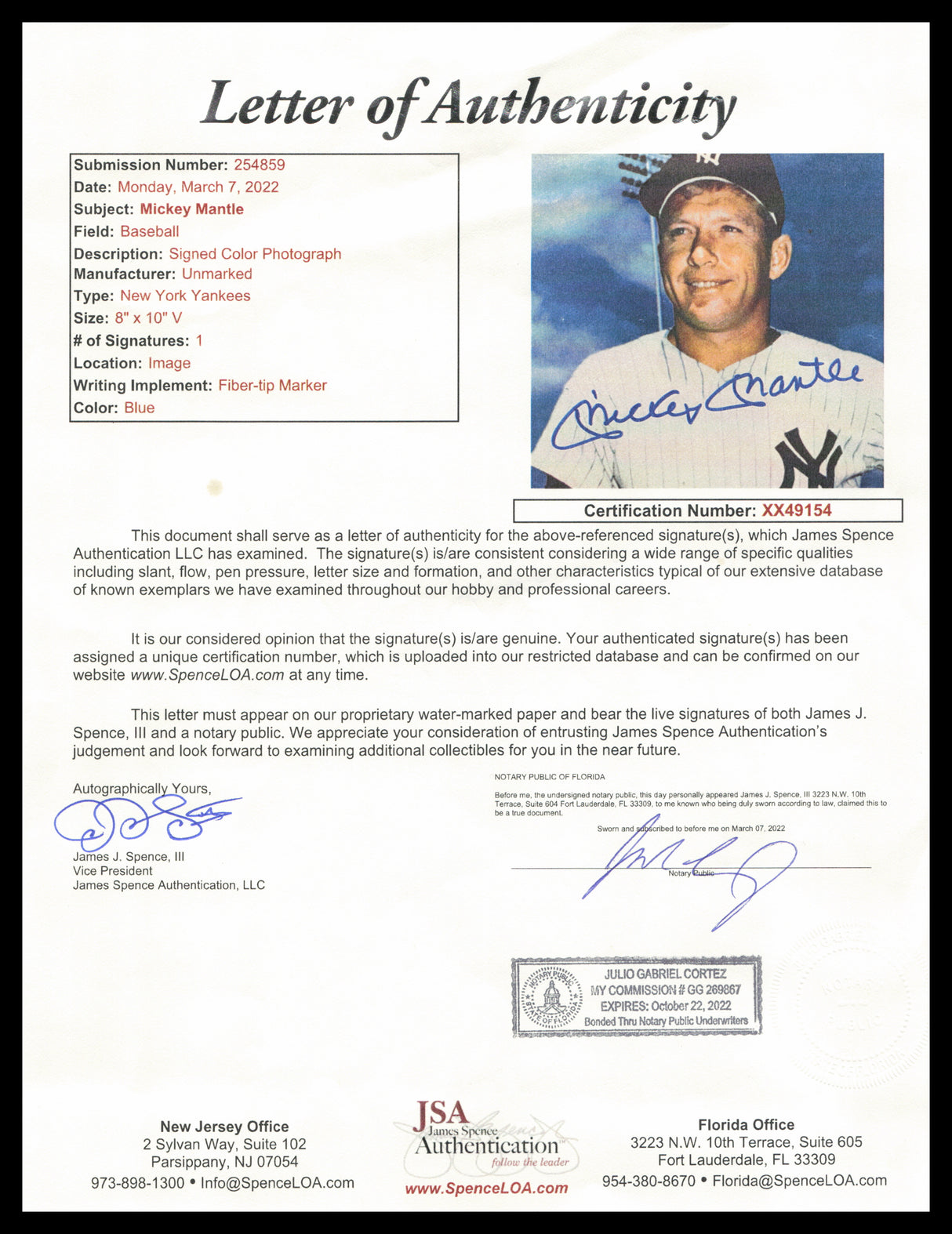 Mickey Mantle Autographed Framed 8x10 Photo New York Yankees JSA #XX49154