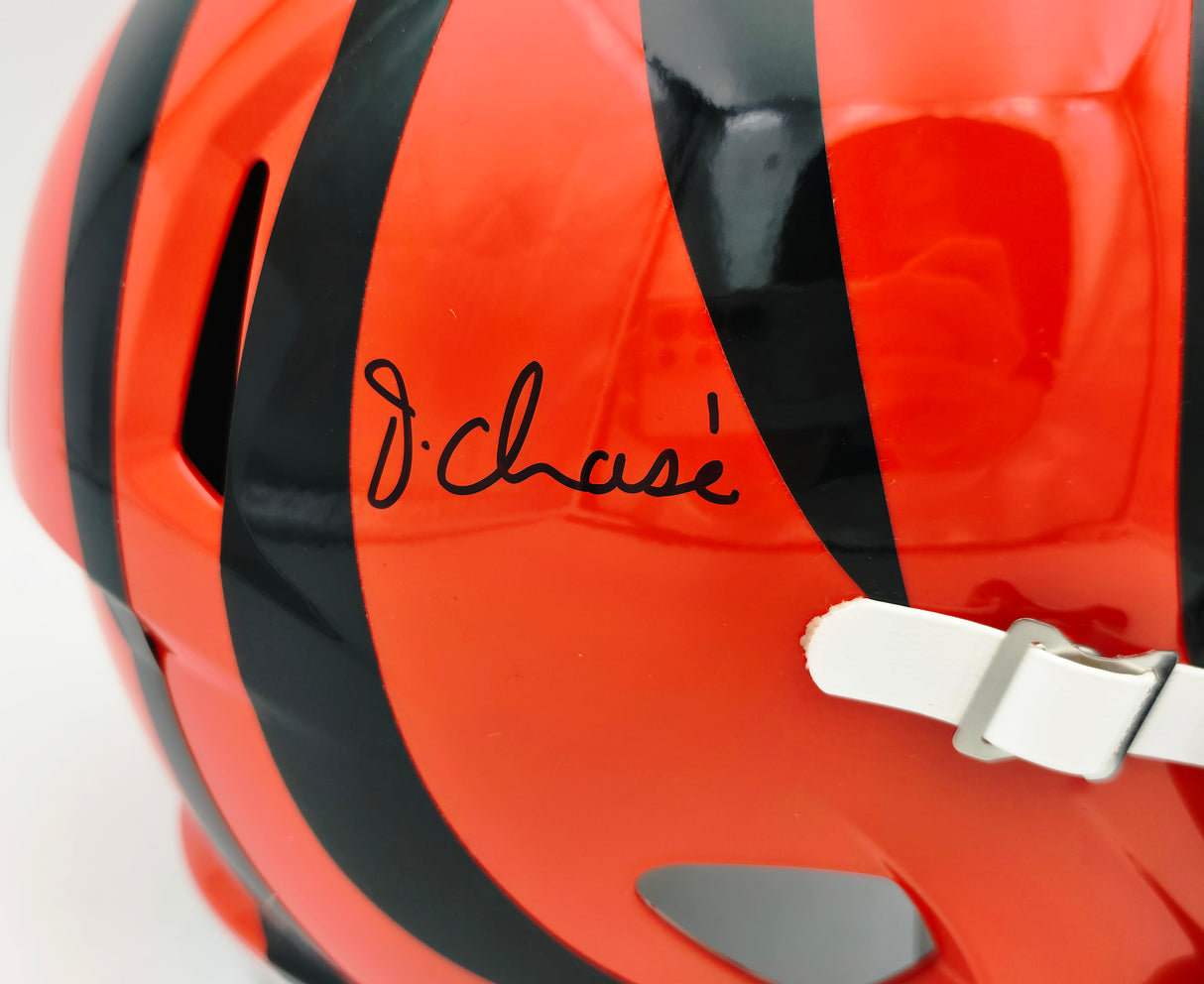 Ja'Marr Chase Autographed Cincinnati Bengals Orange Full Size Speed Replica Helmet Beckett BAS QR #FI08259