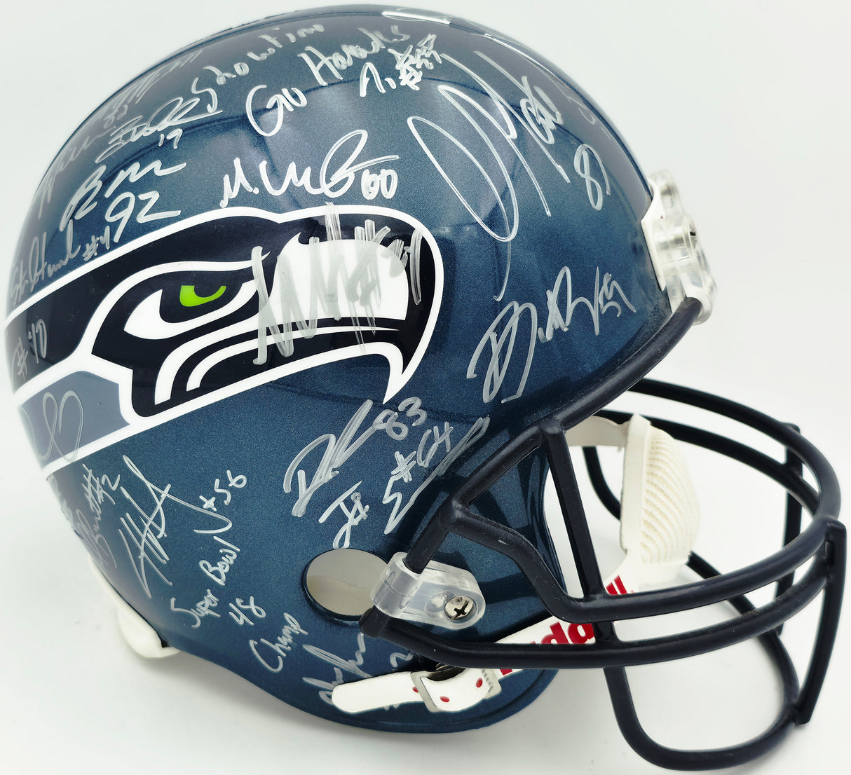 Seattle Seahawks Super Bowl XLVIII 48 Champions Team Autographed Blue Full Size Replica Helmet With 40 Signatures Including Marshawn Lynch & Pete Carroll Beckett BAS #AQ020275