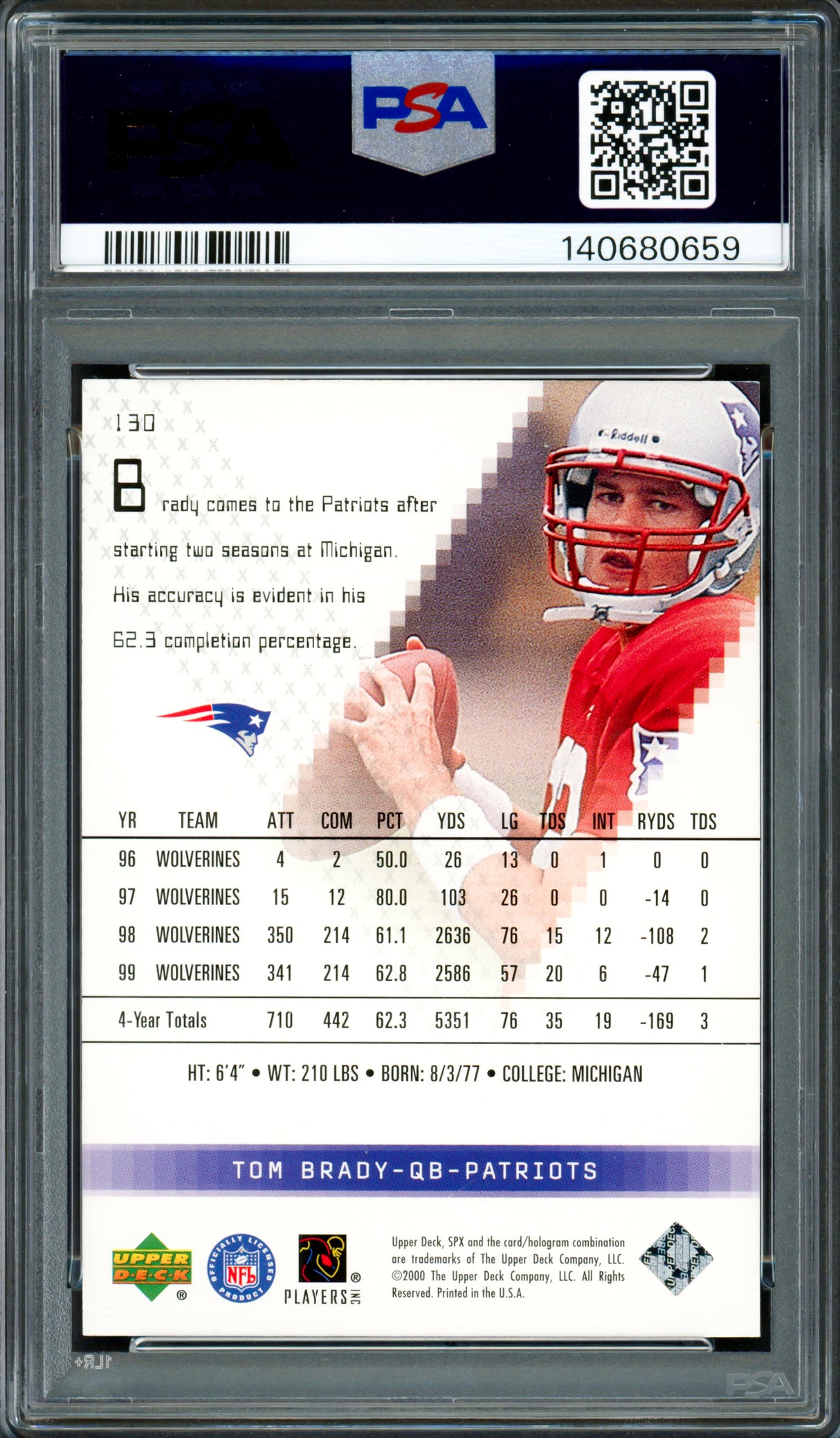 Tom Brady Autographed 2000 Upper Deck SPx Rookie Card #130 New England Patriots Auto Grade Gem Mint 10 PSA/DNA #140680659