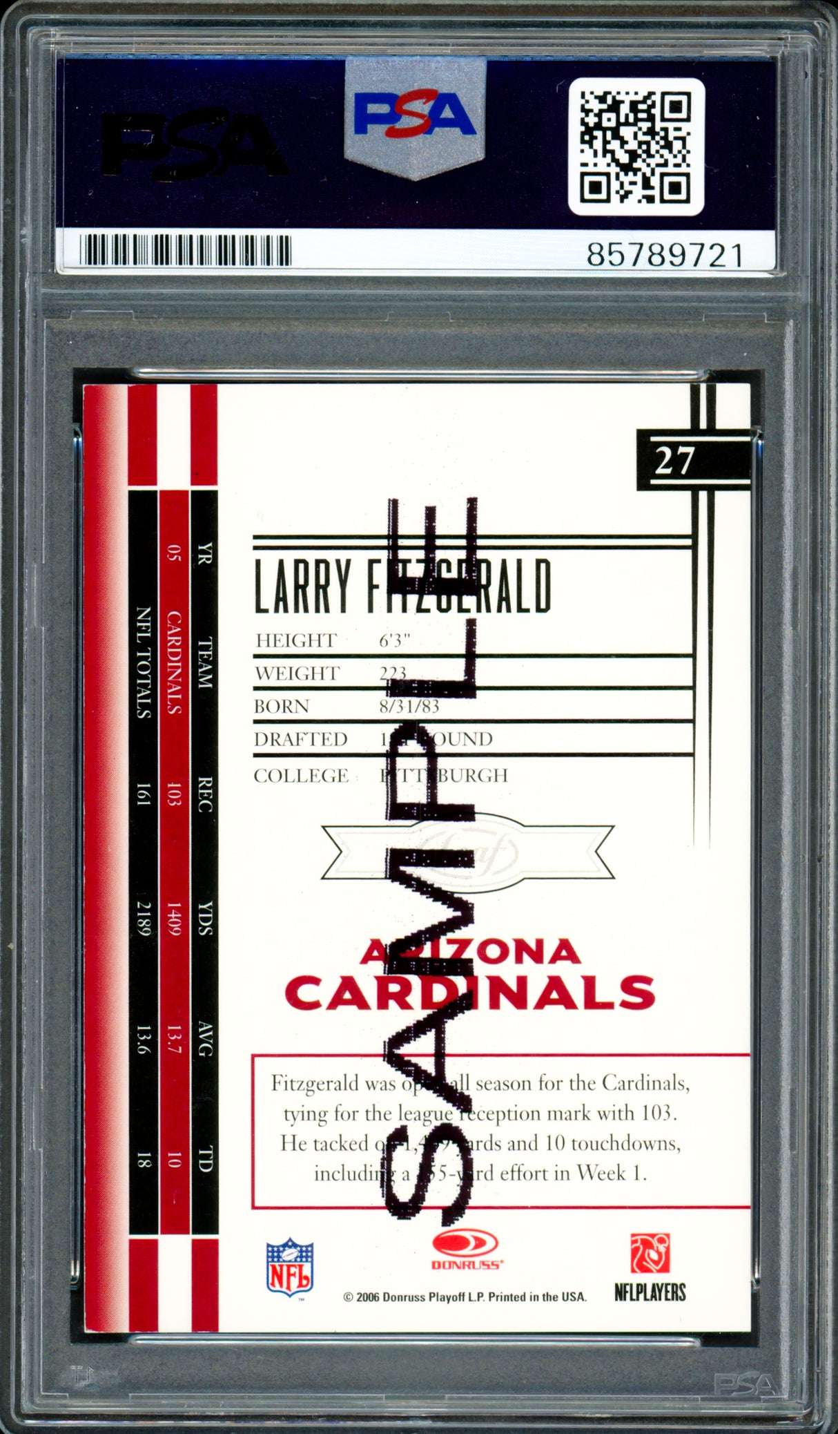 Larry Fitzgerald Autographed 2006 Leaf Limited Sample Card #27 Arizona Cardinals Auto Grade Gem Mint 10 PSA/DNA #85789721