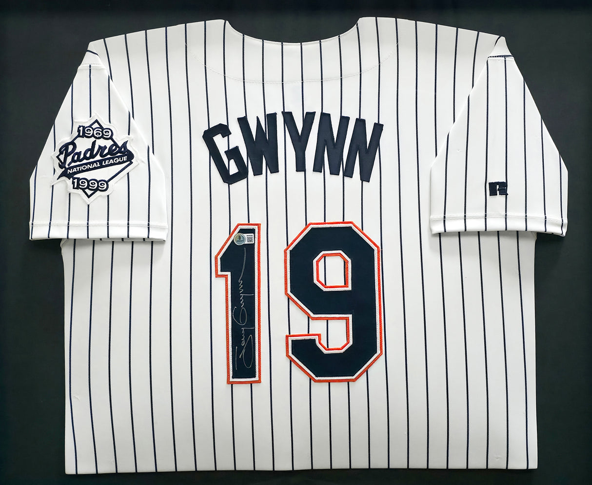 San Diego Padres Tony Gwynn Autographed Framed White Pinstripes 30 Year Anniversary Russell Jersey Beckett BAS QR #BW06390