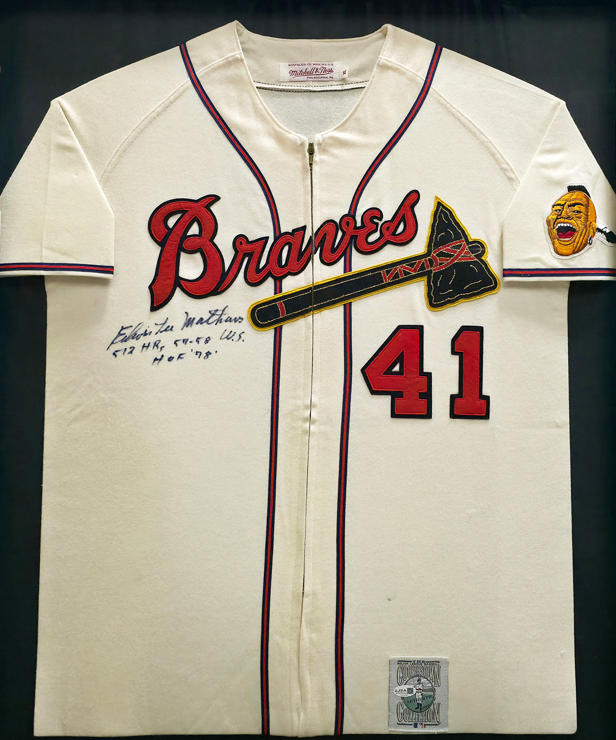 Atlanta Braves Eddie Mathews Autographed Framed Cream Mitchell & Ness Jersey "512 HR, 57-58 WS & HOF 78" JSA #CJ58060
