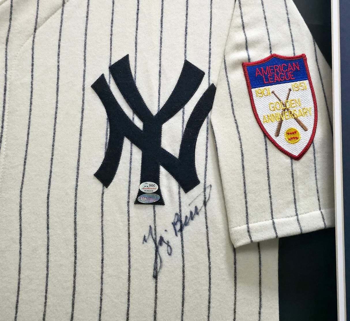 New York Yankees Yogi Berra Autographed Framed Cream Pinstripes Mitchell & Ness AL 50 Year Jersey PSA/DNA #AE20639