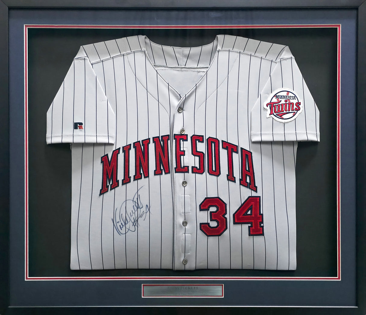 Minnesota Twins Kirby Puckett Autographed Framed Gray Russell Jersey "#34" JSA #ZZ91444