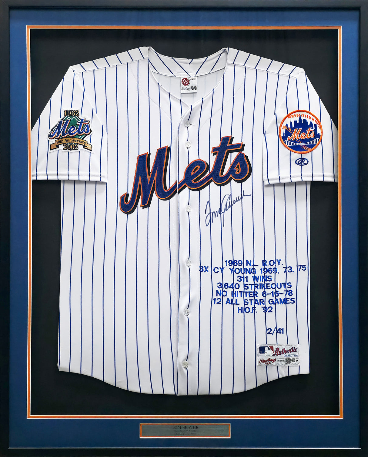 New York Mets Tom Seaver Autographed Framed White Pinstripes Rawlings 40th Anniversary Jersey #2/41 Beckett BAS QR #BU84002