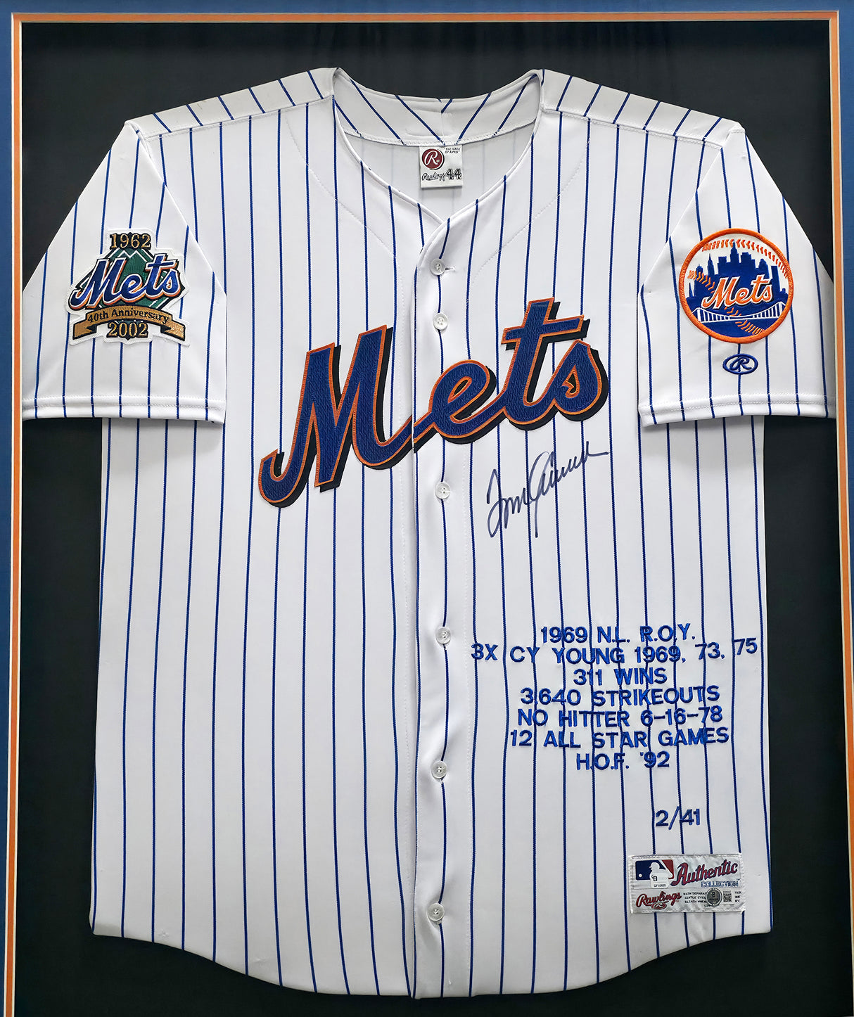 New York Mets Tom Seaver Autographed Framed White Pinstripes Rawlings 40th Anniversary Jersey #2/41 Beckett BAS QR #BU84002