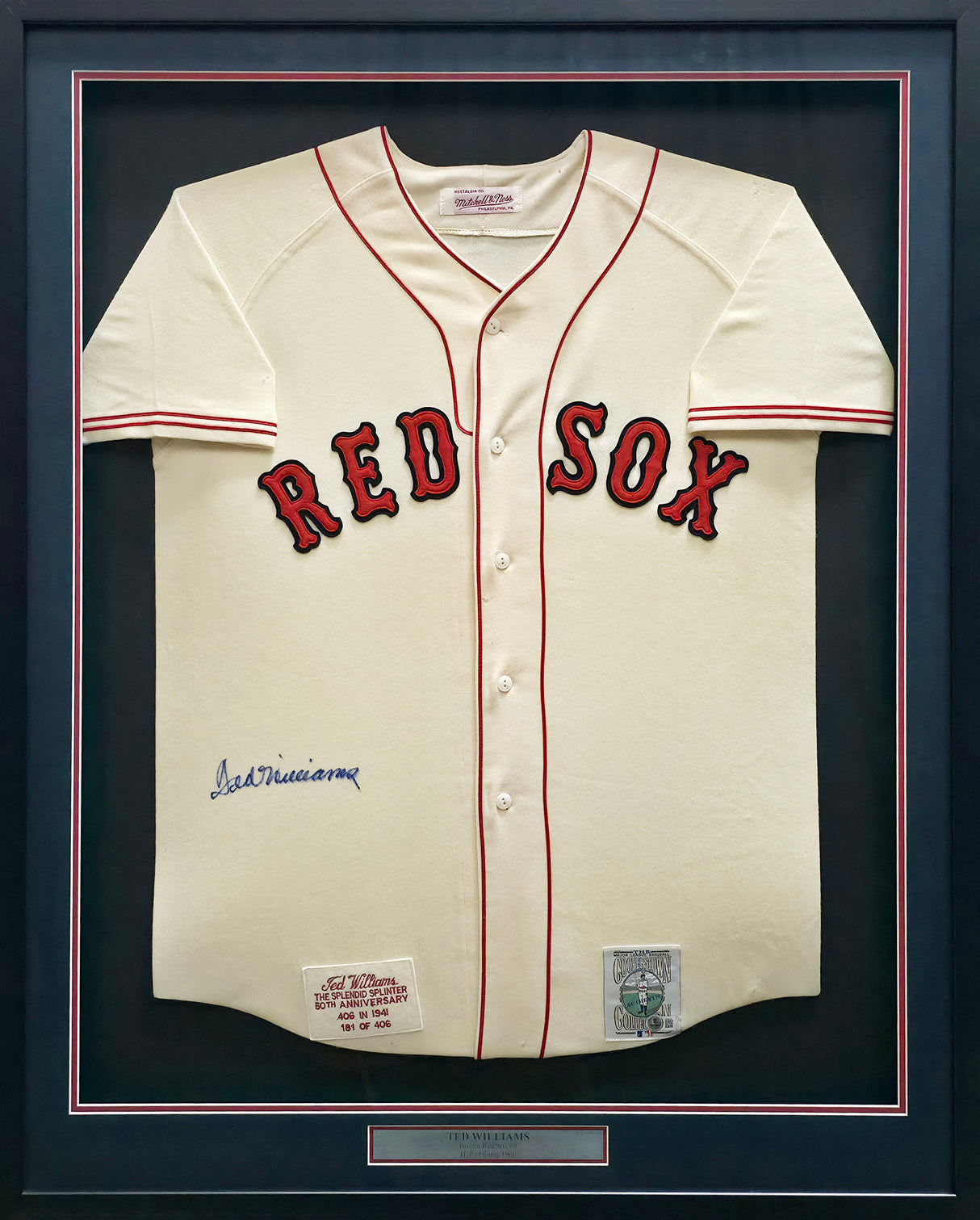 Boston Red Sox Ted Williams Autographed Framed Cream Mitchell & Ness Jersey Beckett BAS #AE46403